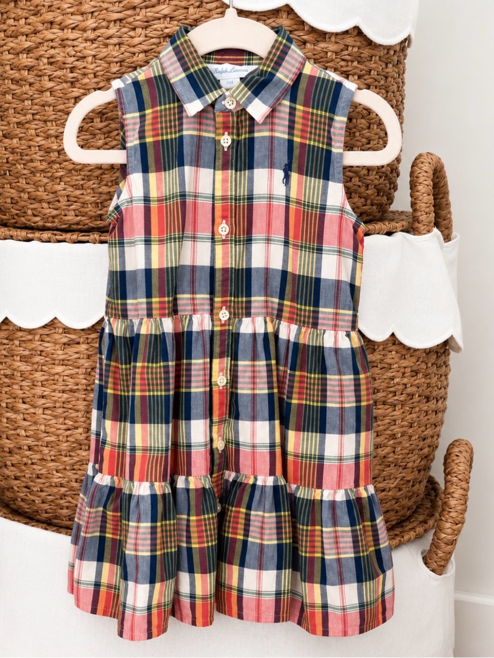 Toddler girl Ralph Lauren Sleeveless Plaid Tiered Dress in Red, Navy & Cream
